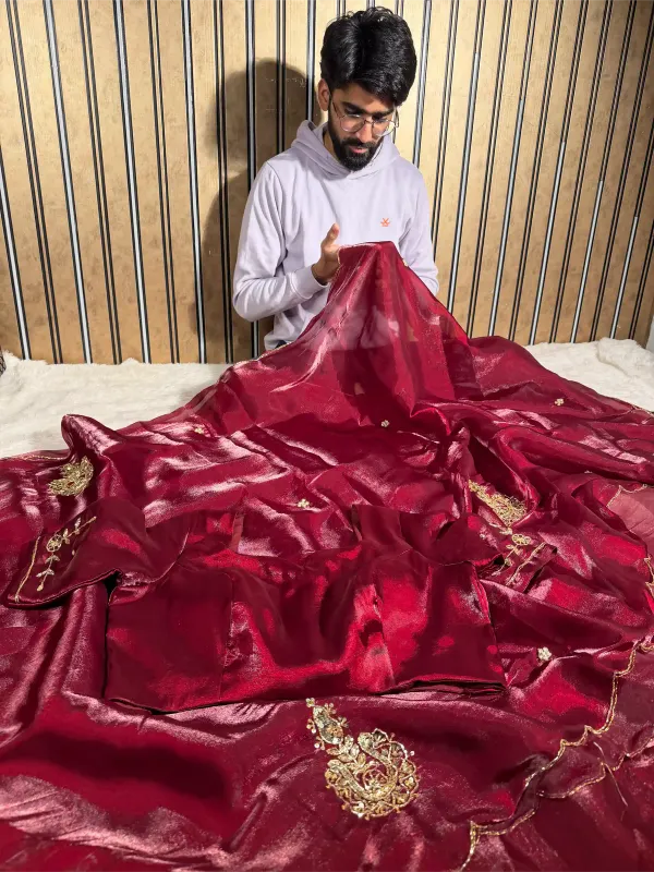 Maroon_Shimmery_Tissue_Silk_Handwork_Saree