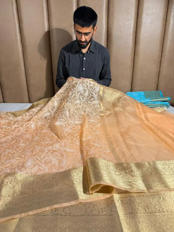 Peach_Organza_Silk_Banarasi_Chikankari_Saree
