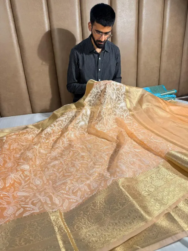 Peach_Organza_Silk_Banarasi_Chikankari_Saree