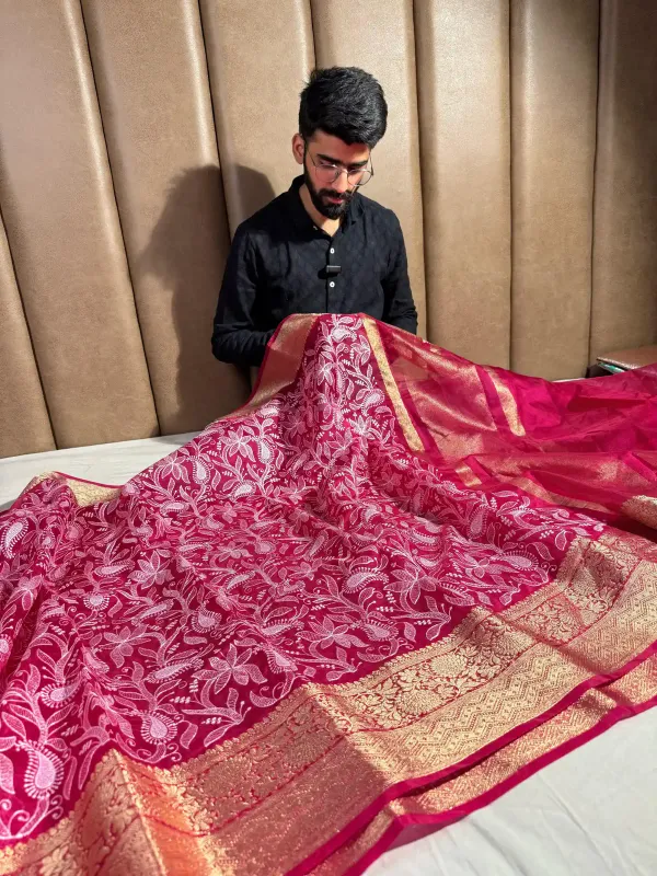 Rani_Pink_Organza_Silk_Banarasi_Chikankari_Saree