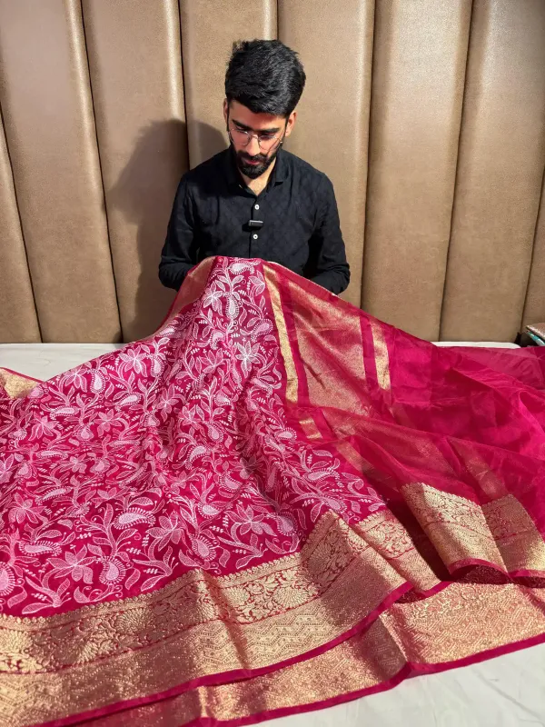 Rani_Pink_Organza_Silk_Banarasi_Chikankari_Saree