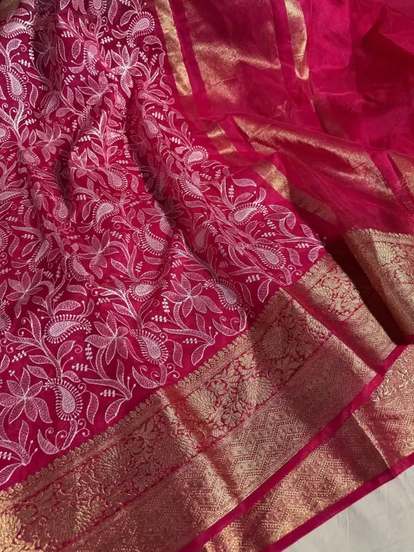 Rani_Pink_Organza_Silk_Banarasi_Chikankari_Saree
