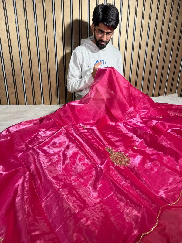 Rani_Pink_Shimmery_Tissue_Silk_Handwork_Saree