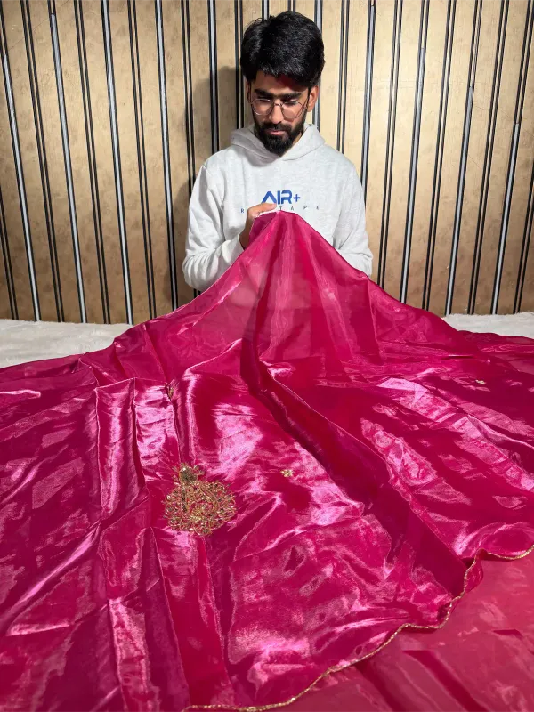 Rani_Pink_Shimmery_Tissue_Silk_Handwork_Saree