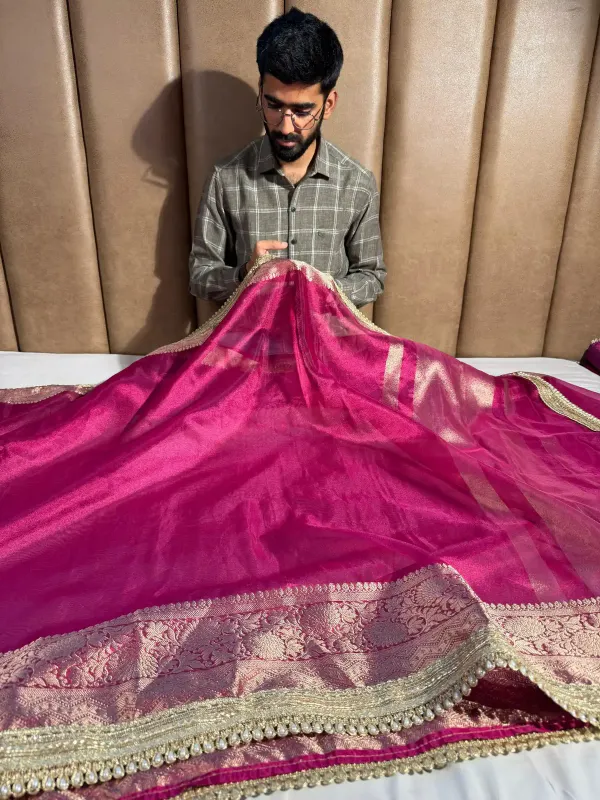 Rani_Pink_Tissue_Silk_Designer_Moti_Lace_Work_Banarasi_Saree