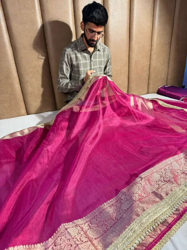 Rani_Pink_Tissue_Silk_Designer_Moti_Lace_Work_Banarasi_Saree