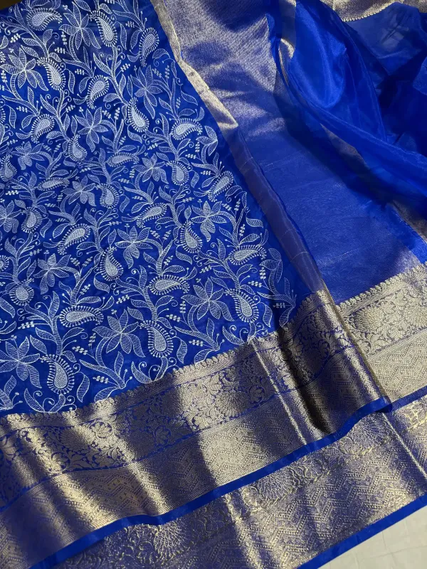 Royal_Blue_Organza_Silk_Banarasi_Chikankari_Saree