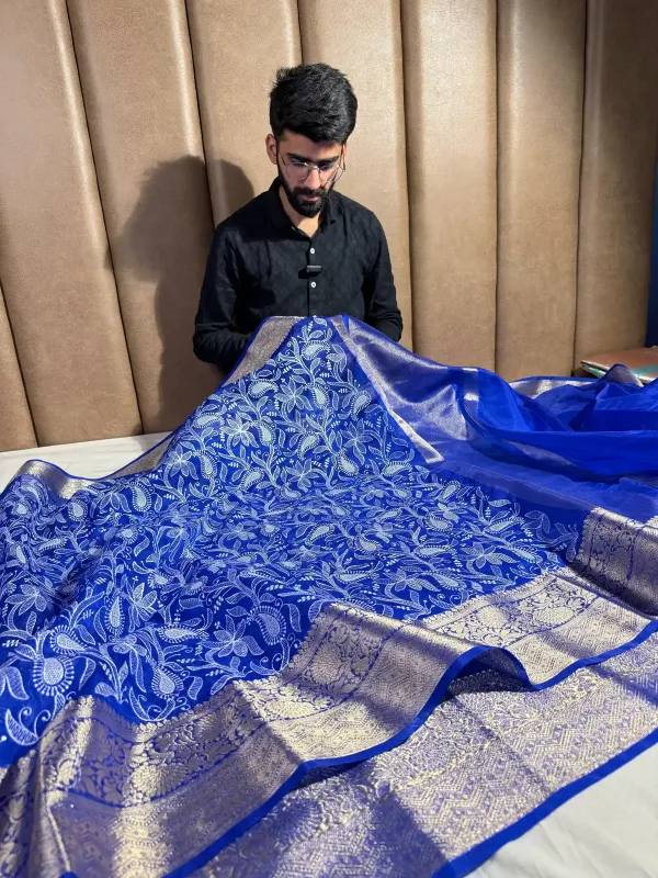 Royal_Blue_Organza_Silk_Banarasi_Chikankari_Saree
