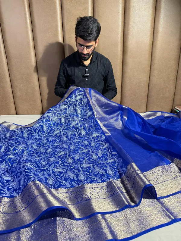 Royal_Blue_Organza_Silk_Banarasi_Chikankari_Saree