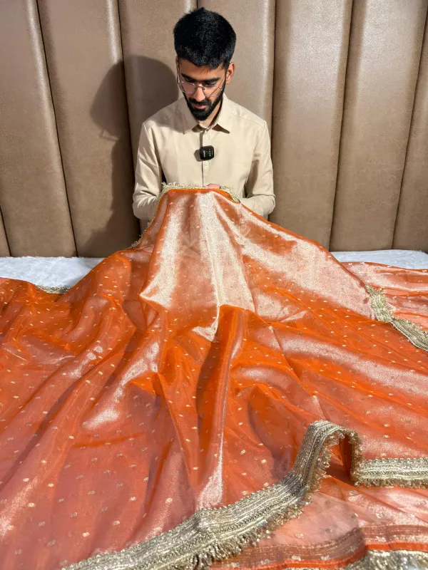 Rust_Orange_Tissue_Silk_Zari_Buti_Gota_Lace_Work_Banarasi_Saree