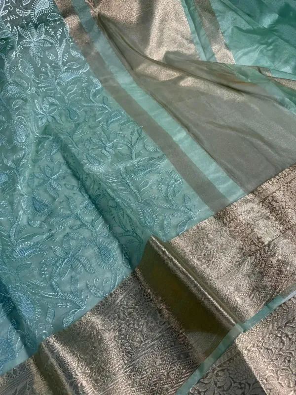 Sea_Green_Organza_Silk_Banarasi_Chikankari_Saree