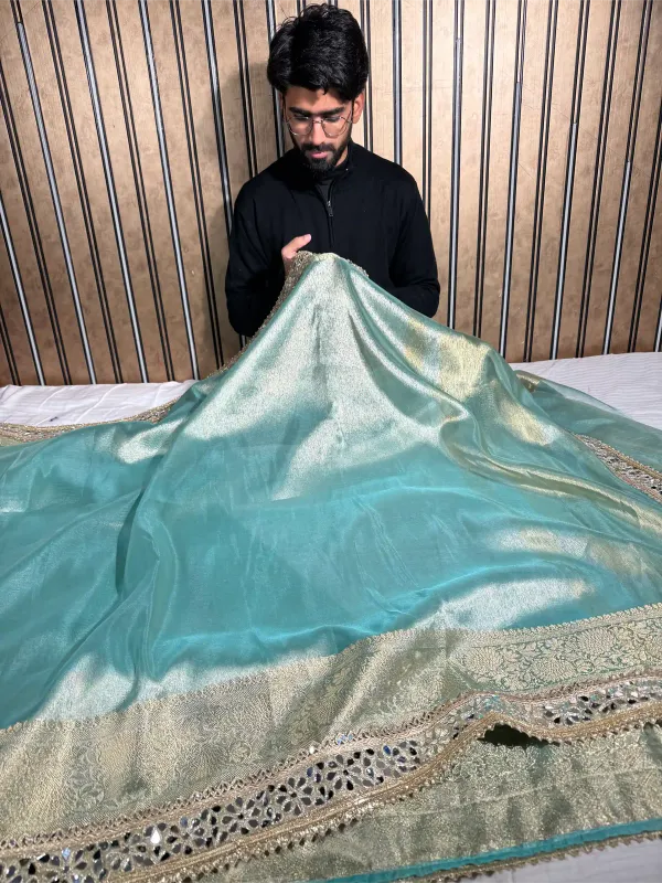 Sea_Green_Tissue_Silk_Majestic_Mirror_Work_Gota_Attached_Banarasi_Saree