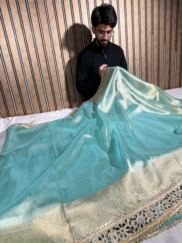 Sea_Green_Tissue_Silk_Majestic_Mirror_Work_Gota_Attached_Banarasi_Saree