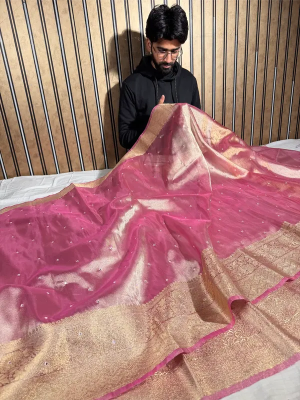 Metallic_Pink_Kora_Tissue_Mirror_Work_Banarasi_Saree