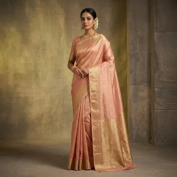 Peach_Soft_Breathable_Tissue_Silk_Saree_with_Rich_Pallu_and_Blouse