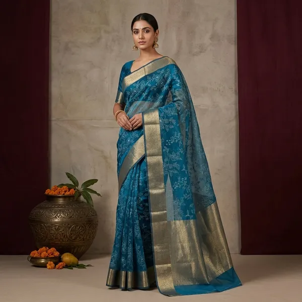 Metallic_Electric_Blue_Tissue_Silk_Chikankari_Work_Banarasi_Saree