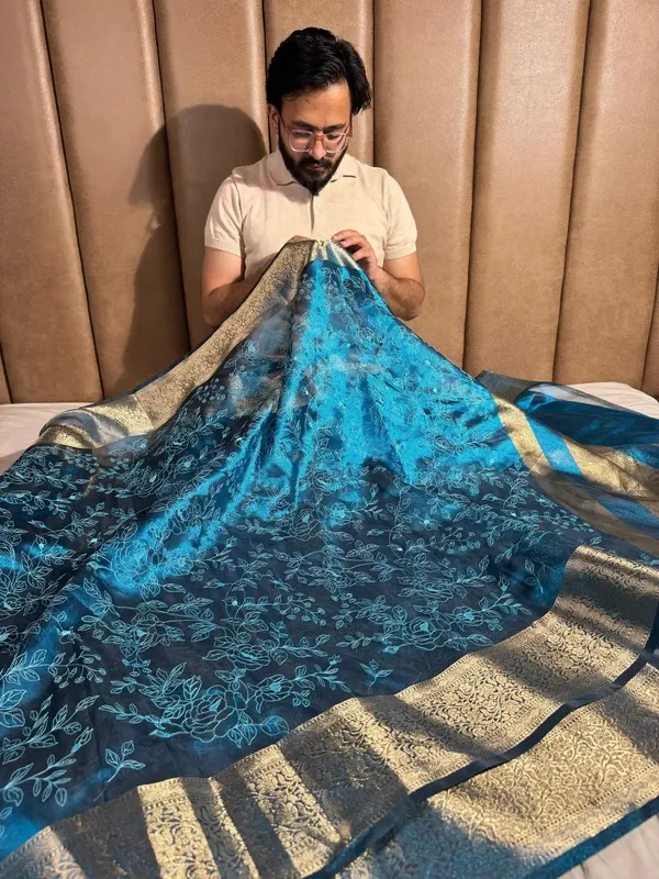Metallic_Electric_Blue_Tissue_Silk_Chikankari_Work_Banarasi_Saree