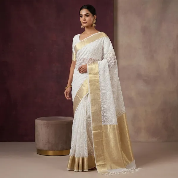 White_Organza_Silk_Chikankari_Work_Banarasi_Saree