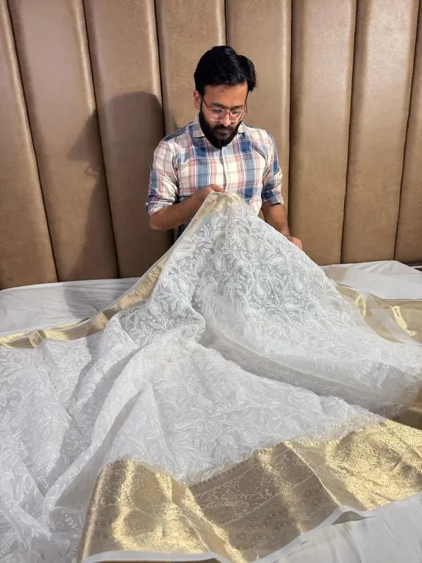 White_Organza_Silk_Chikankari_Work_Banarasi_Saree