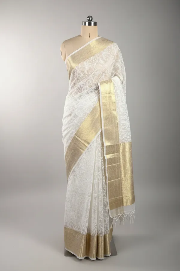 White_Organza_Silk_Chikankari_Work_Banarasi_Saree