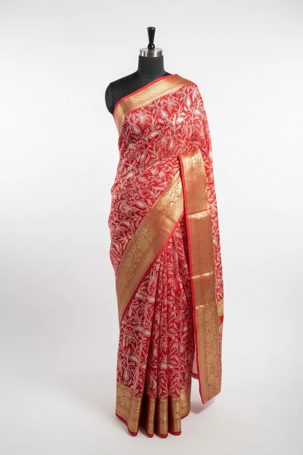 Bridal_Red_Organza_Silk_Chikankari_Work_Banarasi_Saree