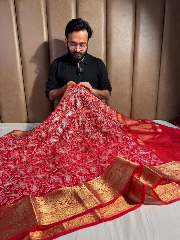Bridal_Red_Organza_Silk_Chikankari_Work_Banarasi_Saree