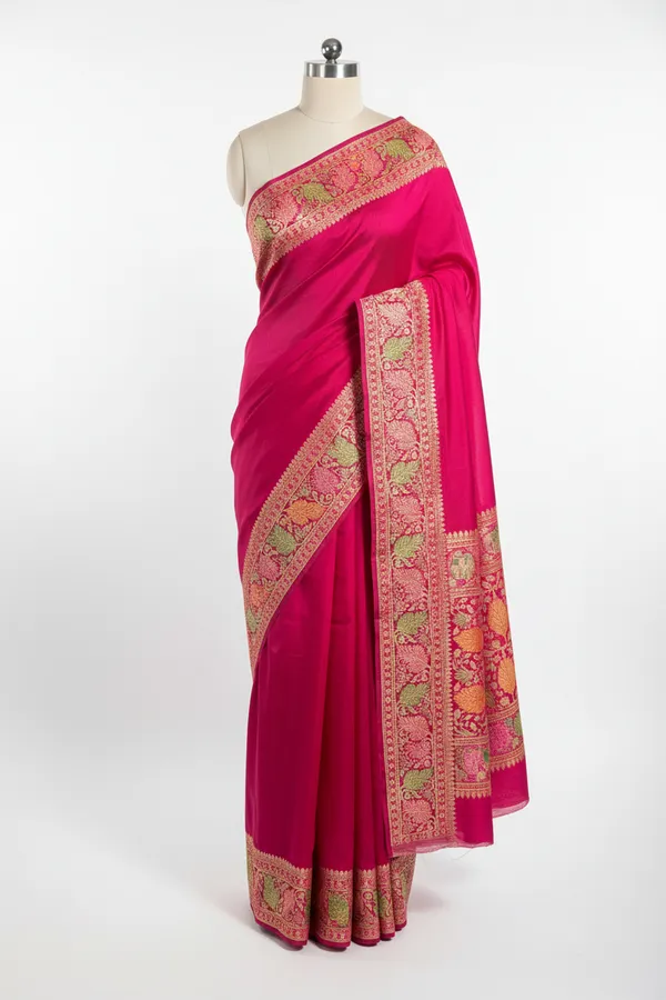 Rani_Pink_Banarasi_Georgette_Silk_Golden_Zari_Border_&_Floral_Motifs_Saree