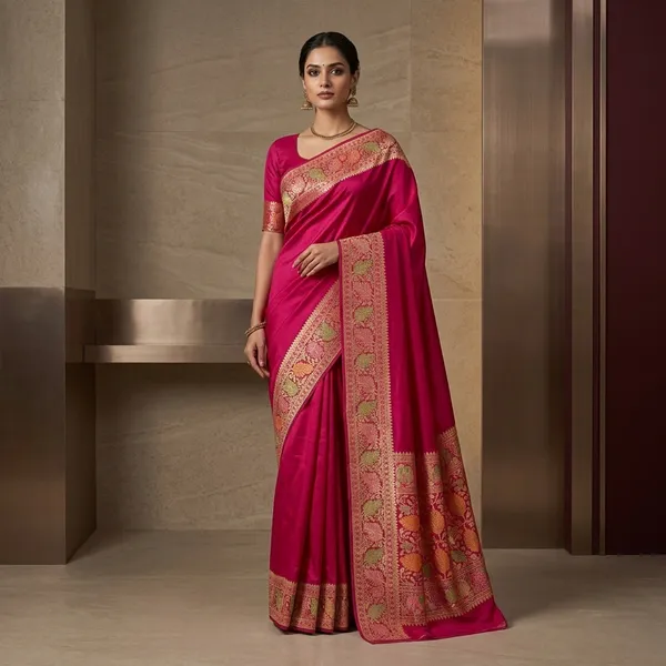 Rani_Pink_Banarasi_Georgette_Silk_Golden_Zari_Border_&_Floral_Motifs_Saree