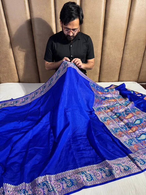 Blue_Banarasi_Georgette_Silk_Golden_Zari_Border_Banarasi_Saree