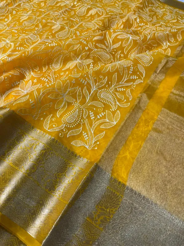 Yellow_Organza_Silk_Chikankari_Work_Banarasi_Saree