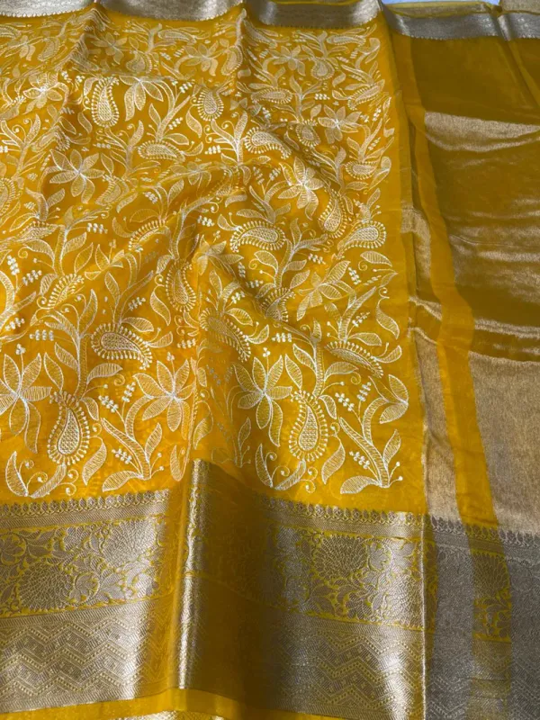 Yellow_Organza_Silk_Chikankari_Work_Banarasi_Saree