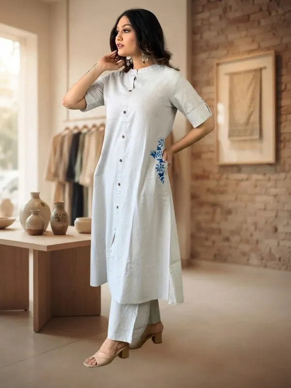 Grey_Cotton__Polyester__Kurti_With_Palazzo_For_Women