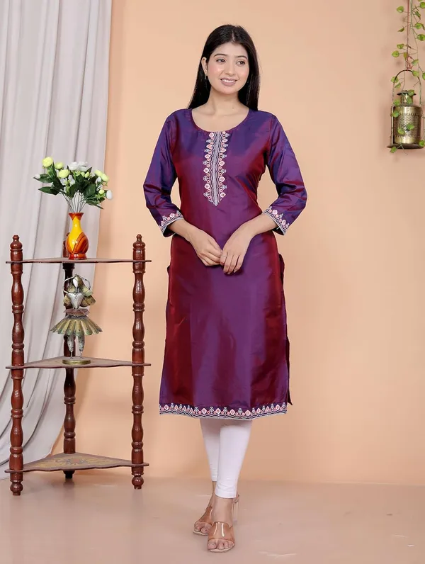 Wine_Satin_Straight_Kurti_For_Women