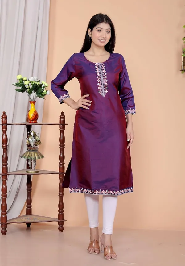 Wine_Satin_Straight_Kurti_For_Women
