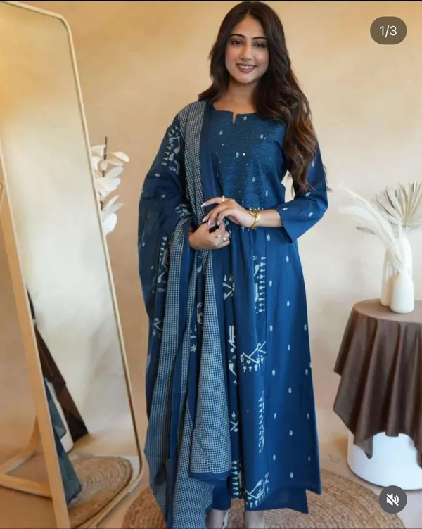 Blue_Cotton_Anarkali_Kurti_With_Pant_Set_For_Women