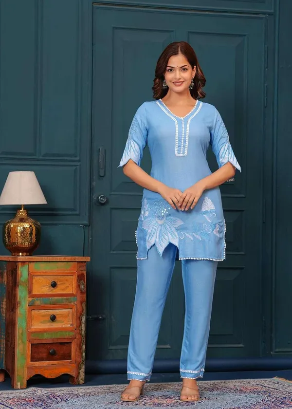 Sky_Blue_Cotton_Polyester__Kurti_With_Pant_For_Women