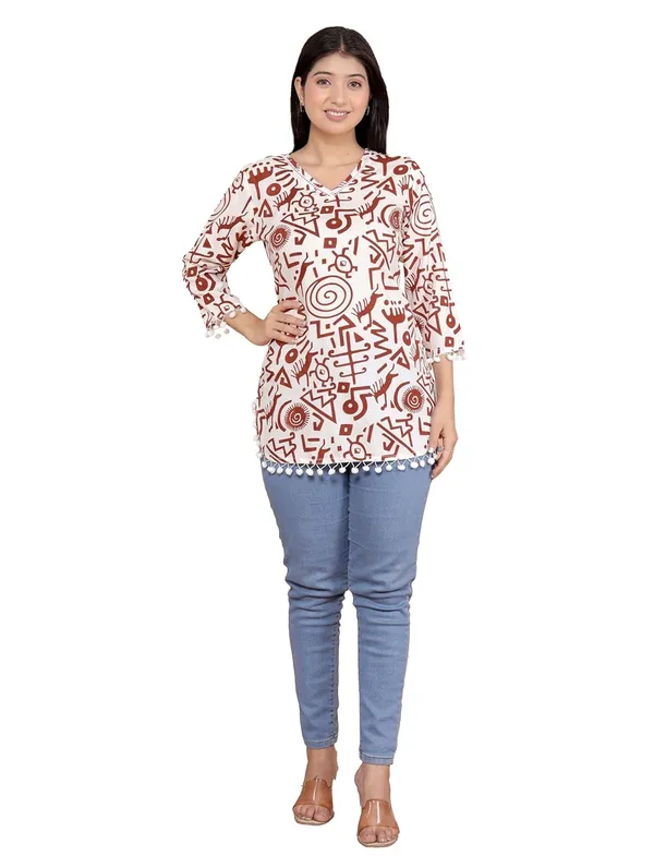 White__And_Maroon_Cotton_Straight_Kurti_For_Women