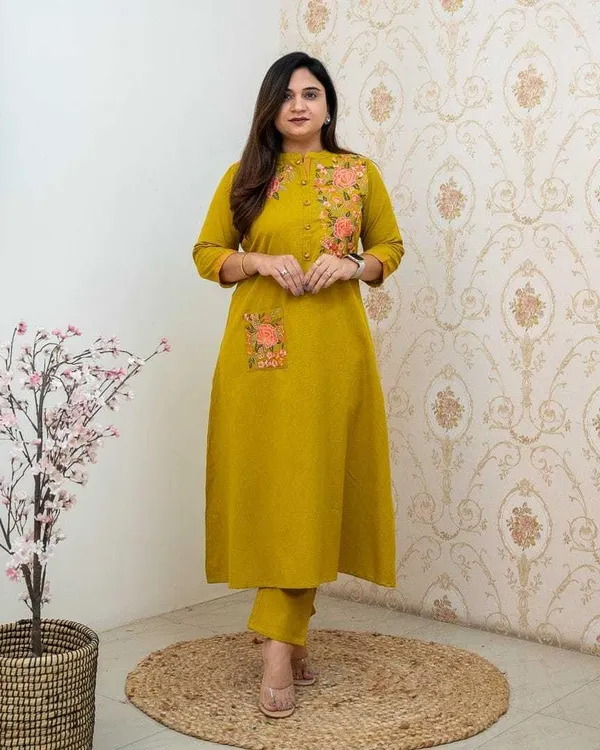 Yellow_Cotton__Polyester__Straight_Kurti_With_Pant_For_Women
