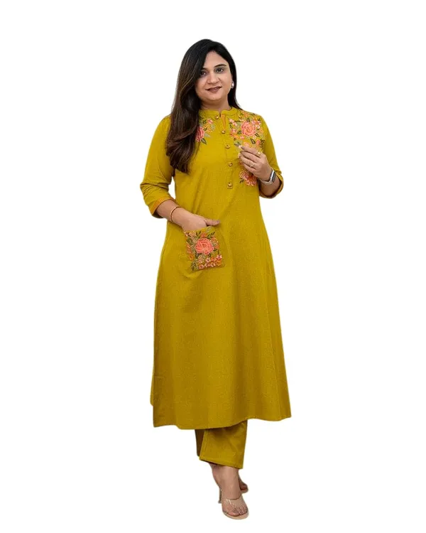 Yellow_Cotton__Polyester__Straight_Kurti_With_Pant_For_Women