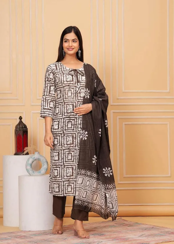 Brown_Cotton__Polyester_Kurti_With_Pant_Set_For_Women