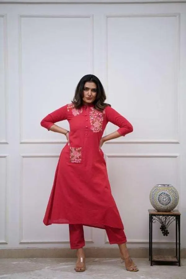 Red_Cotton__Polyester_Kurti_With_Pant_For_Women