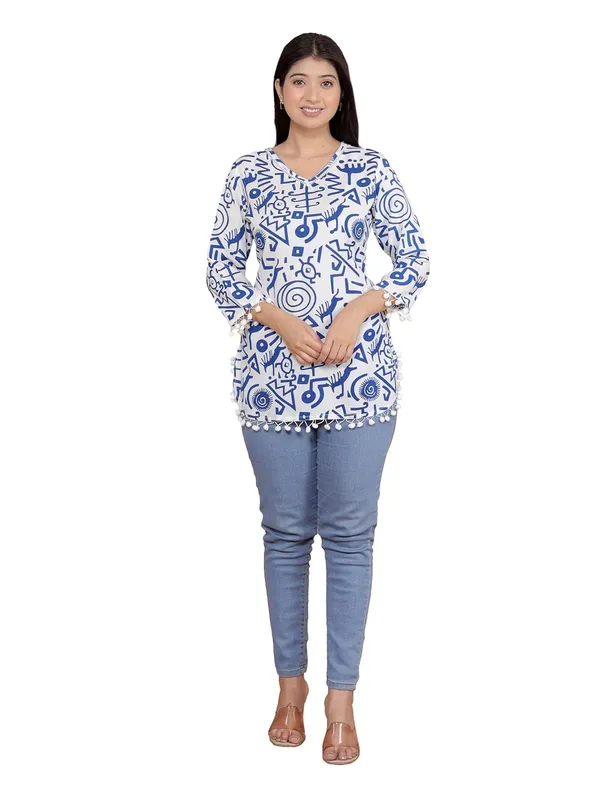 White__And_Blue_Cotton_Straight_Kurti_For_Women