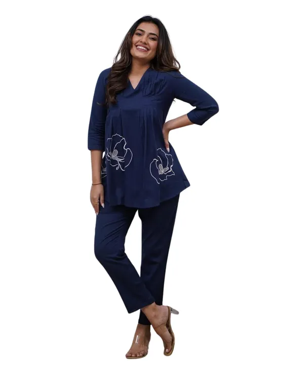 Navy_Blue_Cotton_Polyester_Kurti_Co-Ord_Set_For_Women