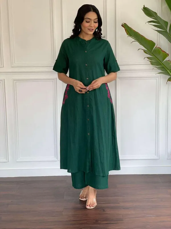 Green_Cotton_Polyester_Kurti_With_Palazzo_For_Women