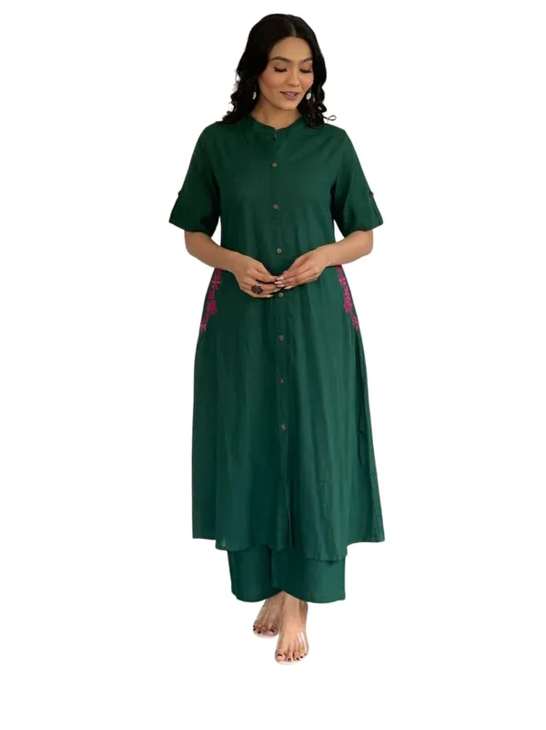 Green_Cotton_Polyester_Kurti_With_Palazzo_For_Women