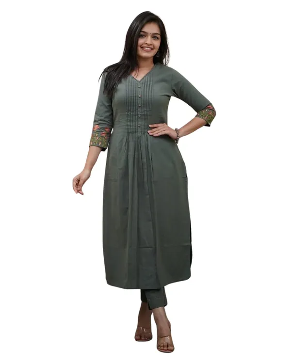 Green_Cotton_Polyester_Kurti_With_Pant_For_Women