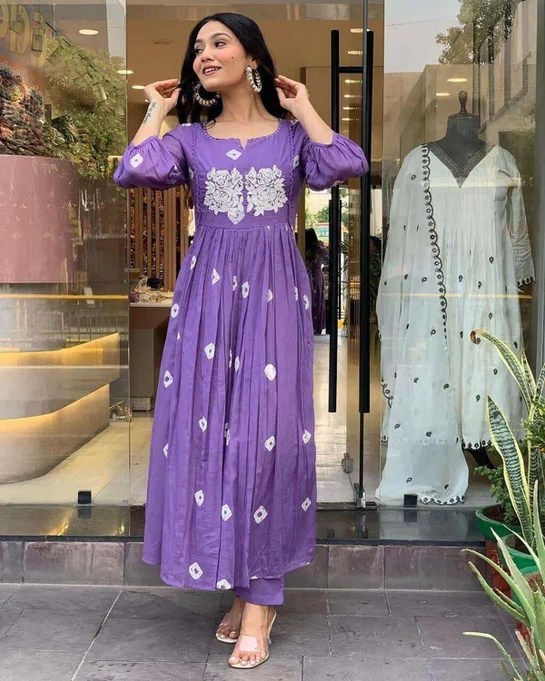 Purple_Cotton_Polyester_Anarkali_Kurti_With_Pant_For_Women