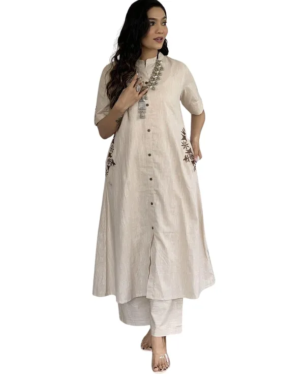 Beige_Cotton__Polyester_Kurti_With_Pant_For_Women