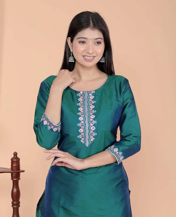Green_Satin_Straight_Kurti_For_Women