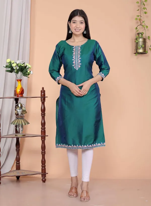 Green_Satin_Straight_Kurti_For_Women